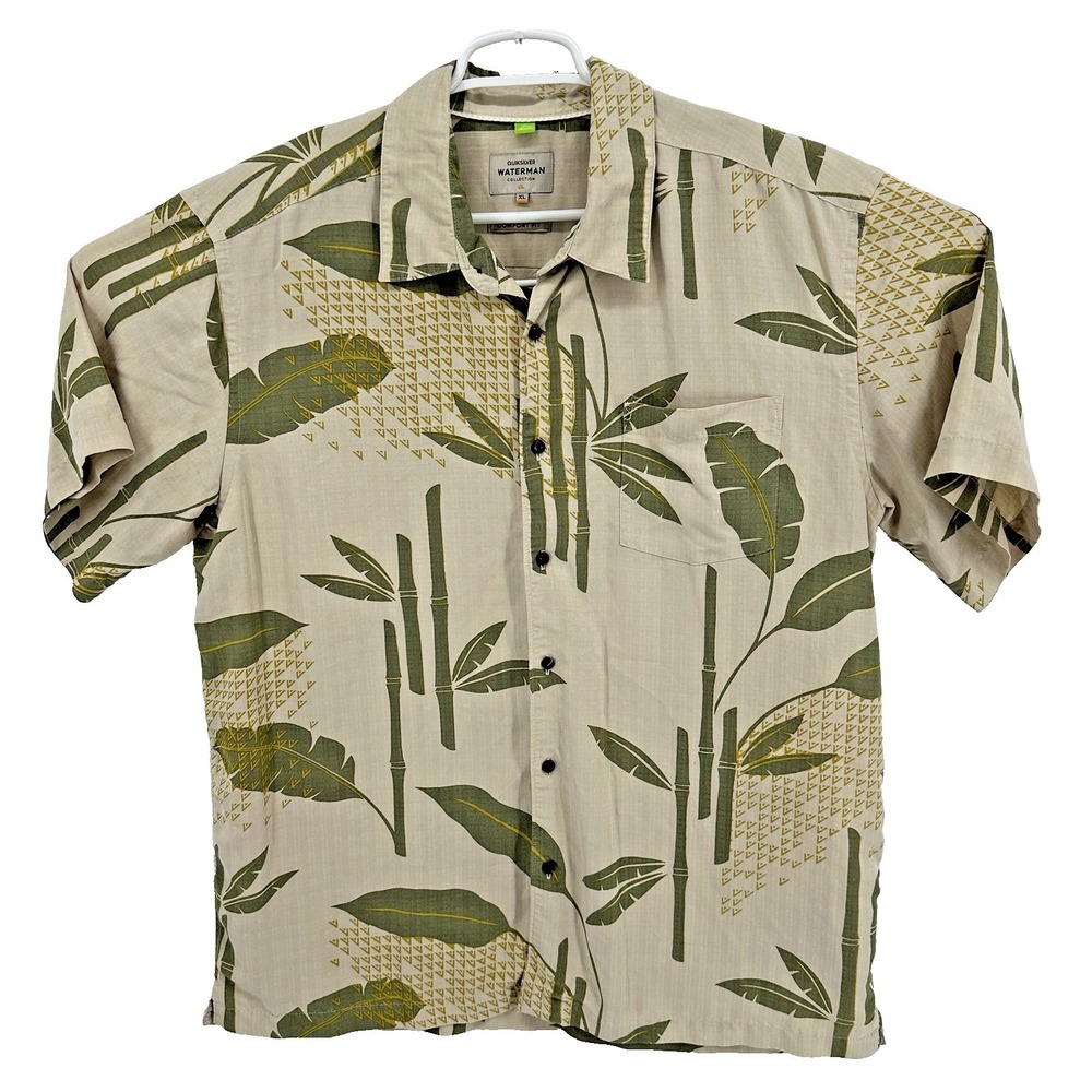 Quiksilver Waterman Button Up XL Comfort Fit Beige Bamboo Print Tropical Aloha